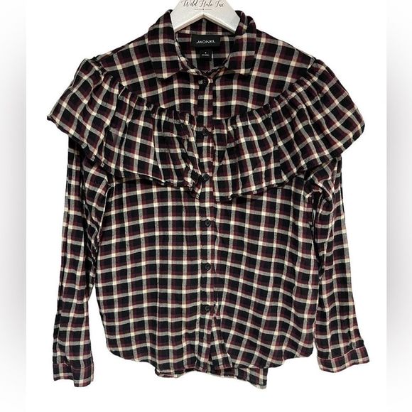 Monki Tops - Monki Plaid Frill Ruffle Button-down Top Medium